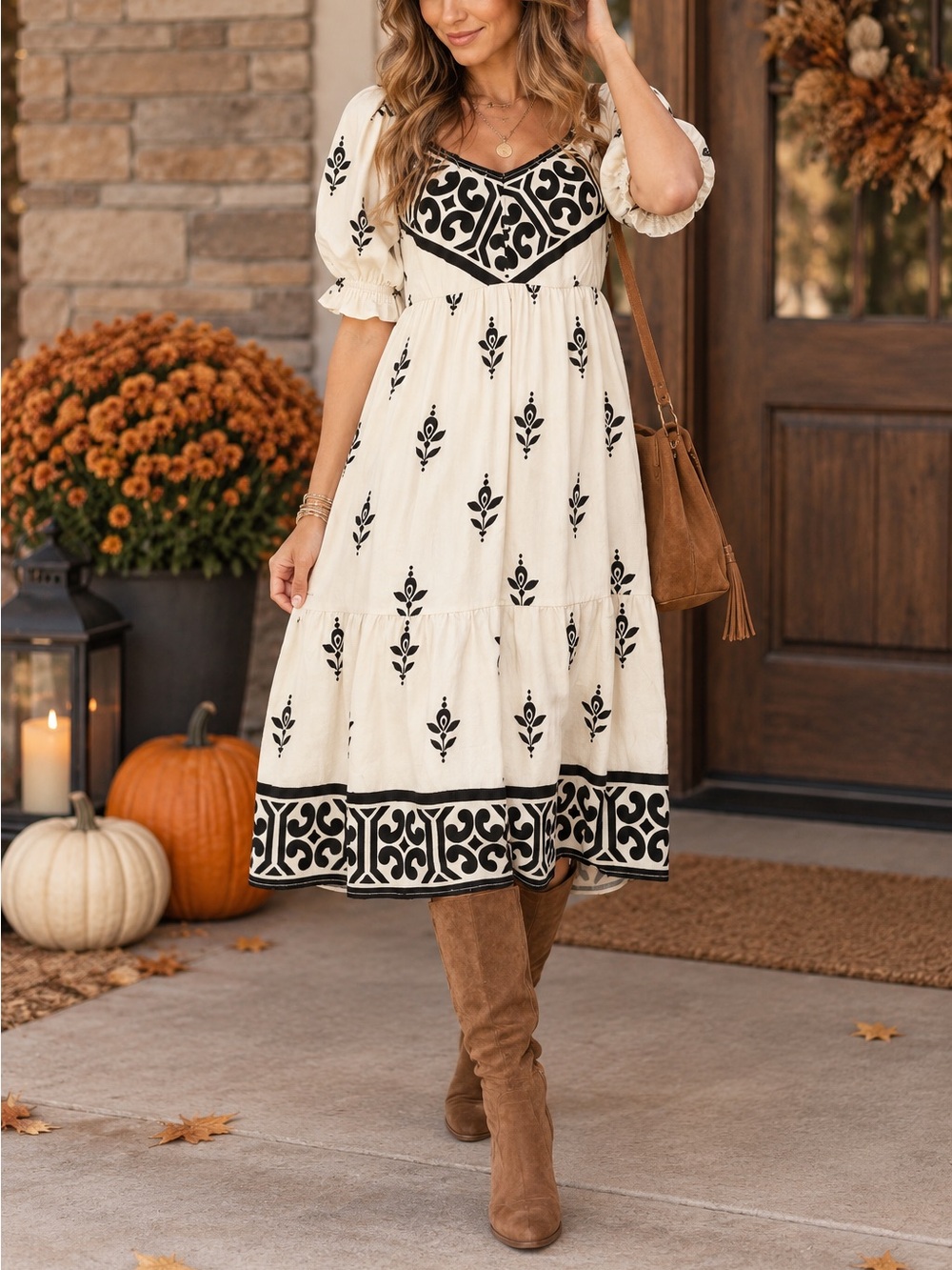 Umgee Cream & Black Boho Midi Fall Dress | NWT